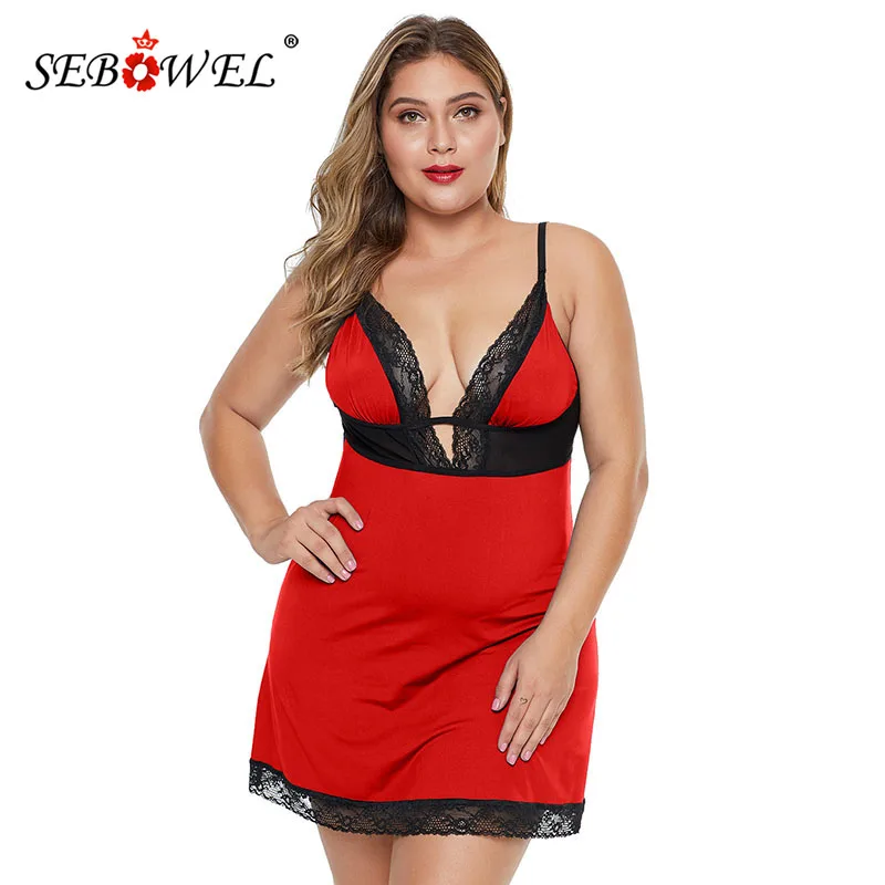 

SEBOWEL Plus Size Woman Lace Sleeveless Deep V Lingeries Dress + Thong 2 Pieces Sets Female Mesh Backless Nightwear Size XL-5XL