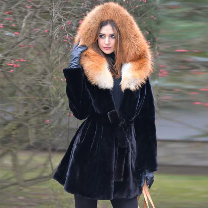 Модный черный Настоящий мех кролика, пальто с большим красным лисьим мехом, капюшон, зимняя женская теплая длинная куртка из натурального меха кролика с меховым поясом - Цвет: Red Fox