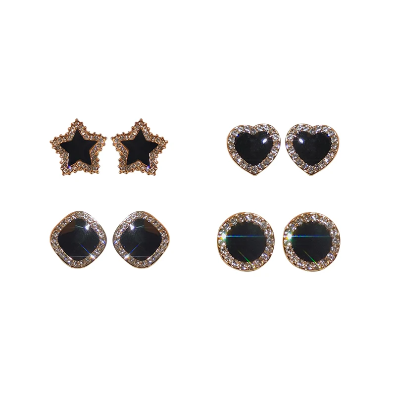 Fashion Jewelry Metallic Black Paint Round Square Star Heart Flower Crystal Earrings For Women Girls Enamel Small | Украшения и
