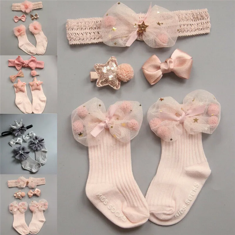 

Infant Toddler Baby Socks Girls Kids Princess Bowknot Lace Socks Cotton Ruffle Frilly Trim Ankle Socks Hair Pin Accessories