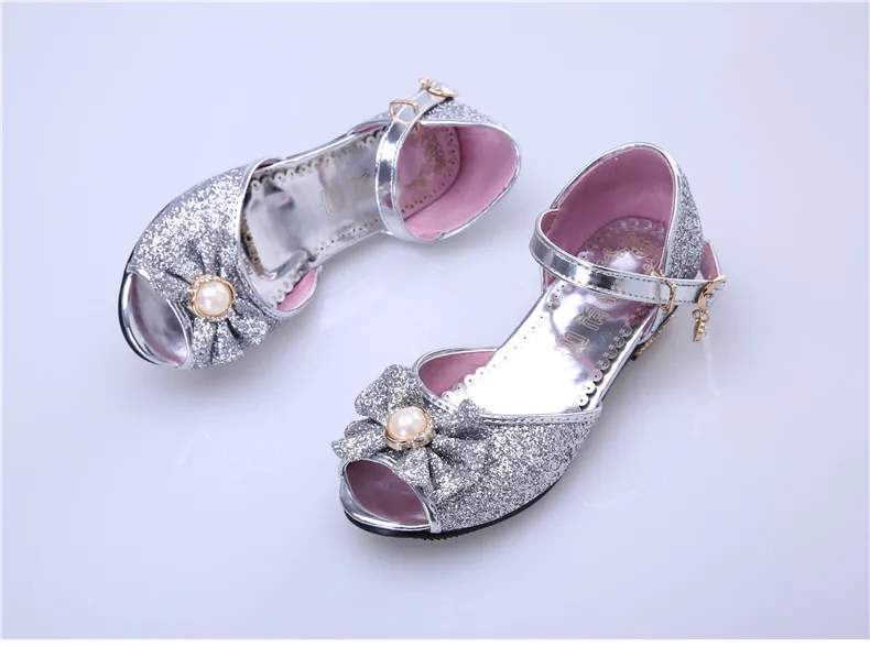 PINSEN/детская кожаная обувь принцессы для девочек; Повседневная блестящая детская обувь на плоской подошве с цветочным принтом; туфли с узлом бабочкой для девочек; цвет синий, розовый, серебристый