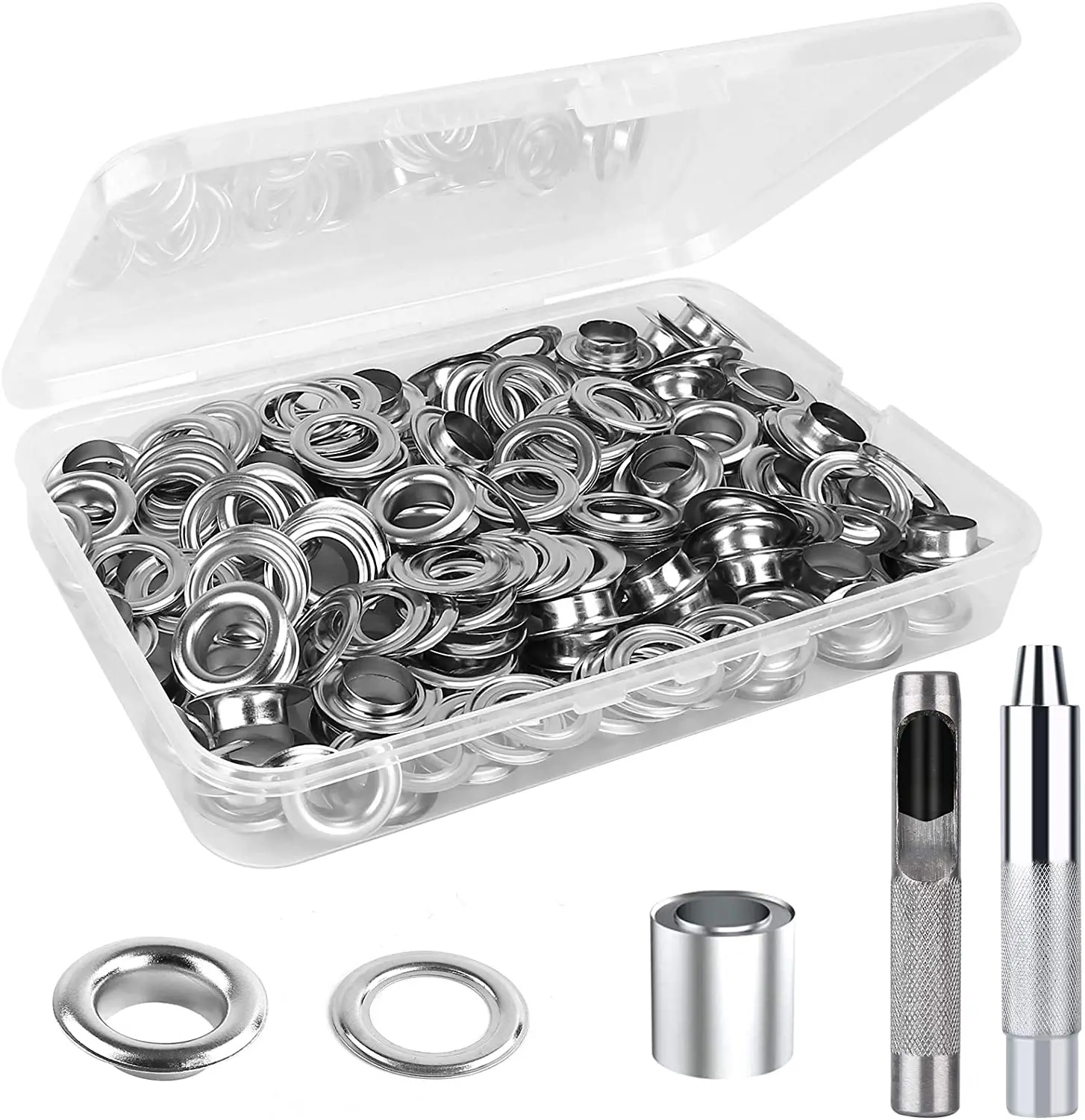 Eccomum 100 Sets Grommet Kit with Eyelets Washers 1/2 inch 3pcs Installation Tools Silver Metal Grommets for Fabric Leather Clothing Tarps, Size: 14.7