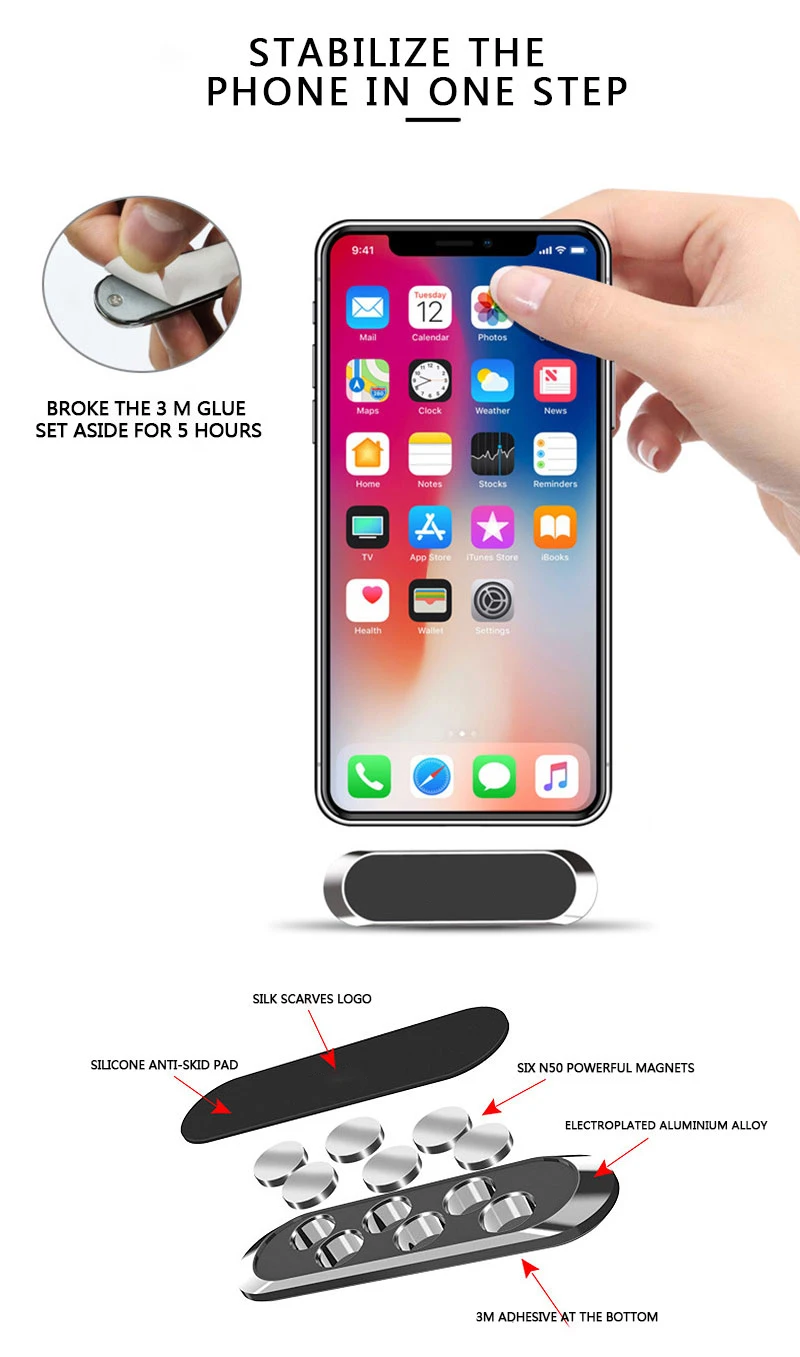 CMAOS  Magnetic Car Phone Holder Dashboard Mini Strip Shape Stand For iPhone Samsung Xiaomi Metal Magnet GPS Car Mount for Wall iphone charging stand