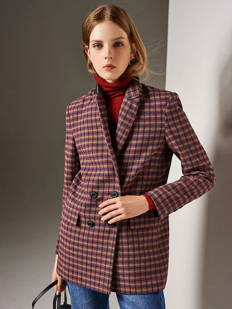 

Brand fashion Women's High-end Luxury Autumn Winter England Color Plaid Buckle Wool Blazer Coat