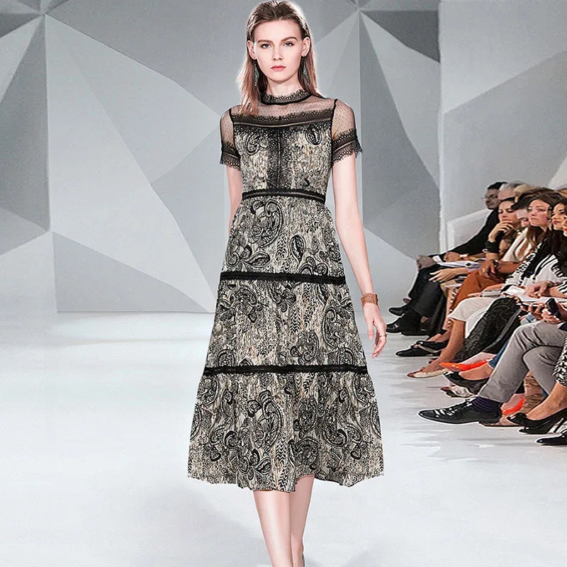 

Summer New Lace Tulle Long Elegant Dress Fashion A-Line Stand Neck Black Printed Vintage Dress Women Party Night