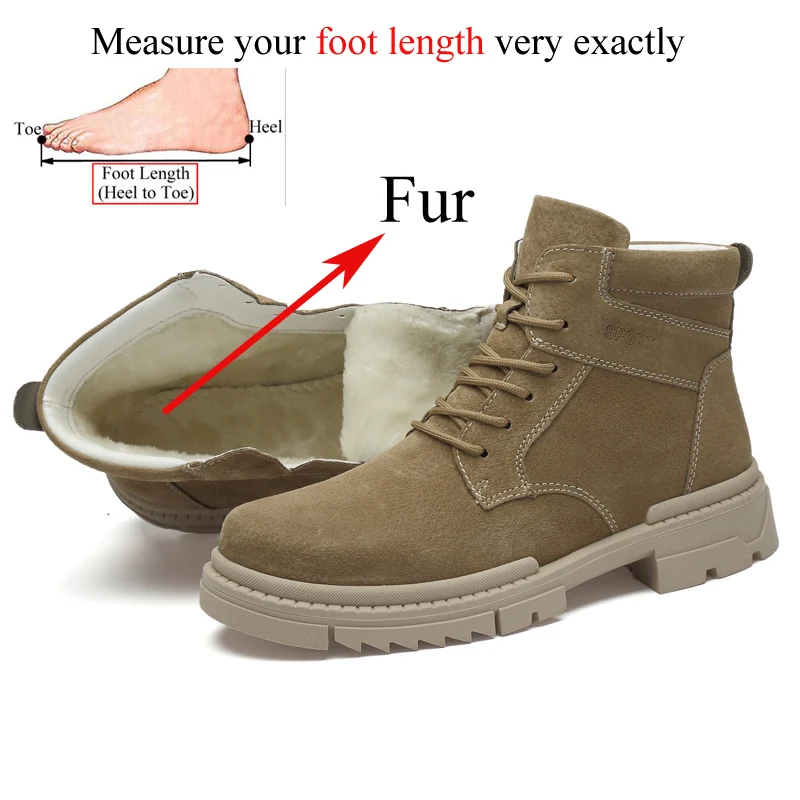 Khaki-2(fur) Мужские зимние ботинки из натуральной кожи; мужские повседневные ботинки из свиной кожи на шнуровке; botas hombre Cuero Masculina Invierno Bottes Homme Cuir - Цвет: Khaki-2(fur)
