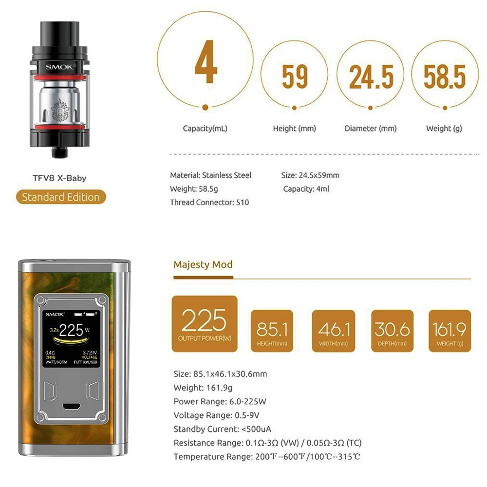 SMOK Majesty 225 Вт Vape мод TC VW 4 мл TFV8 X-BABY испаритель вейп-комплект электронной сигареты VS SMOK Alien X-PRIV