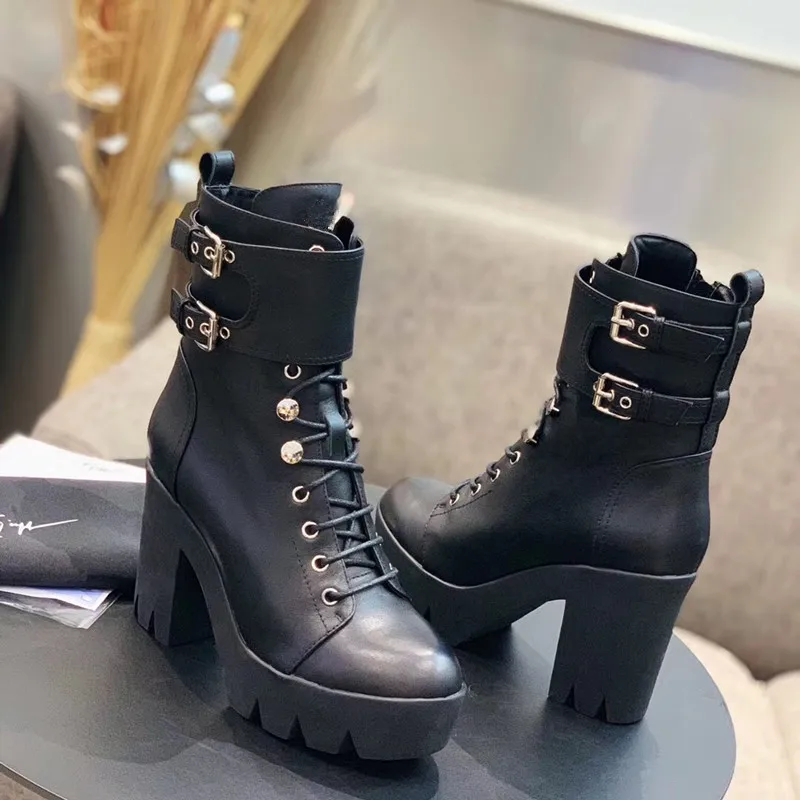 

2019 Ankle Boots For Women Lace Up Square Heel Shoes Casual Super High Heel Booties Botas Mujer boots women Brand