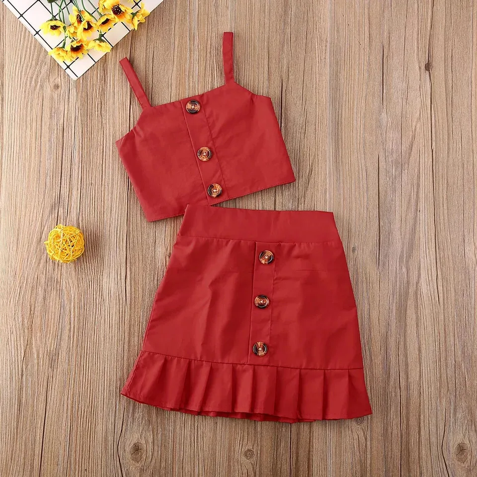 TELOTUNY New Toddler Baby Girls Suspender Pure Color Tank Tops Button Skirt Two Piece Suit Clothes Children Summer Set Outfits46