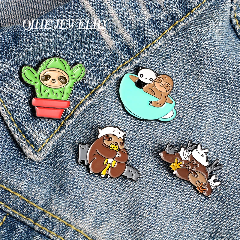 QIHE JEWELRY 4 Styles Sloths Enamel Pins Cute Animals Cats Panda Rabbits Cactus Brooches Badges Lovely Gifts Wholesale | Украшения и