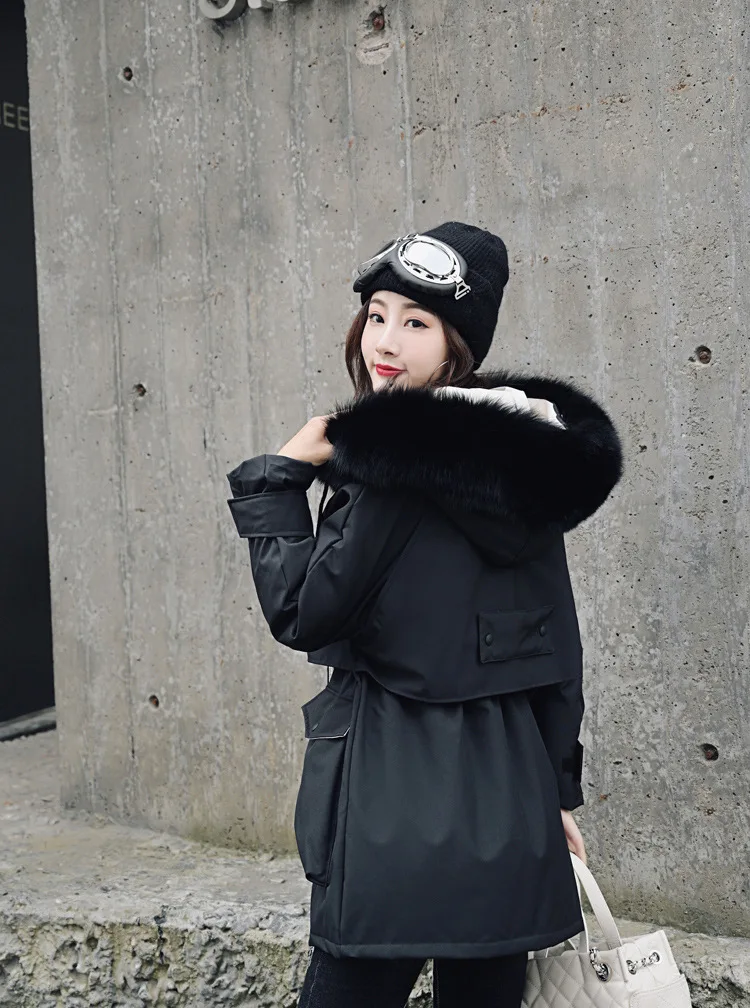 Fashion New Style Loose-Fit down Jacket Women's Mid-length Waist Hugging Fox Large Fur Collar Velcro Parka