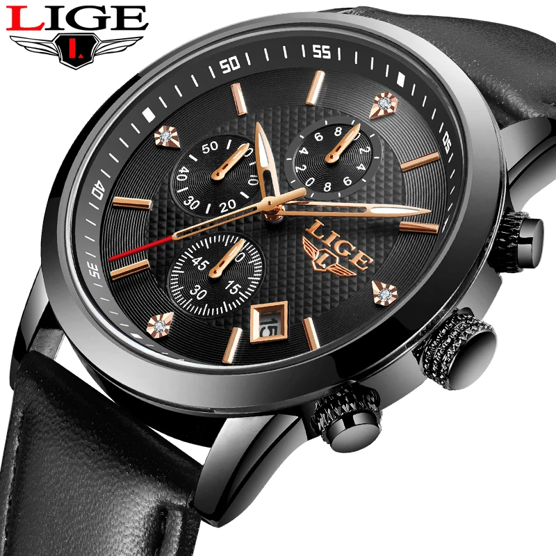 Relojes 2020 мужские часы LIGE Лидирующий бренд кожаный Хронограф водонепроницаемые
