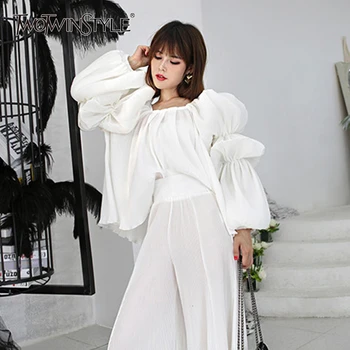 

TWOTWINSTYLE Elegant White Women's Shirts Square Collar Lantern Long Sleeve Female Blouse 2020 Autumn Oversized Fashion New