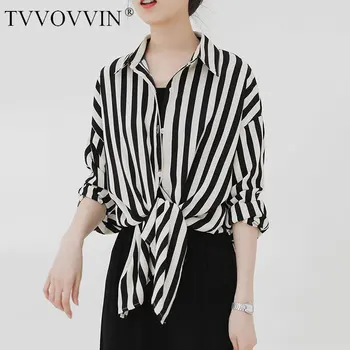 

loose Spring 2020 New Retro Stripes Shirt Loose Long Sleeve Womens Tops and Blouses Polo Collar Fashion Korean Style DMY3639