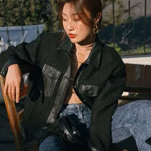 Осень и зима новая твидовая прошитая кожаная женская короткая куртка