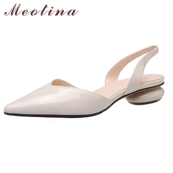 

Meotina Women Pumps Natural Genuine Leather Low Heels Slingbacks Shoes Pointed Toe Strange Style Footwear Ladies Summer Green