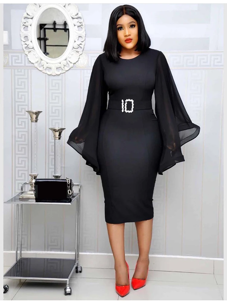 Elegant African Dresses For Women Big Flared Sleeves Diamond Belt Bazin Sexy Slim Pencil Dress Fashion Lady Nigeria Party Daily african attire for women