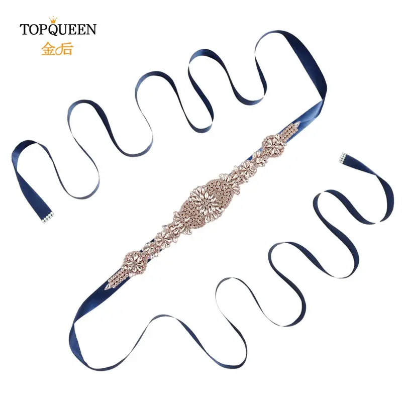 navy blue TOPQUEEN S123-RG rose gold rhinestone bridal belt newest rose gold bridal belt fashion beads bridal belt crystal bridal belt - Цвет: navy blue