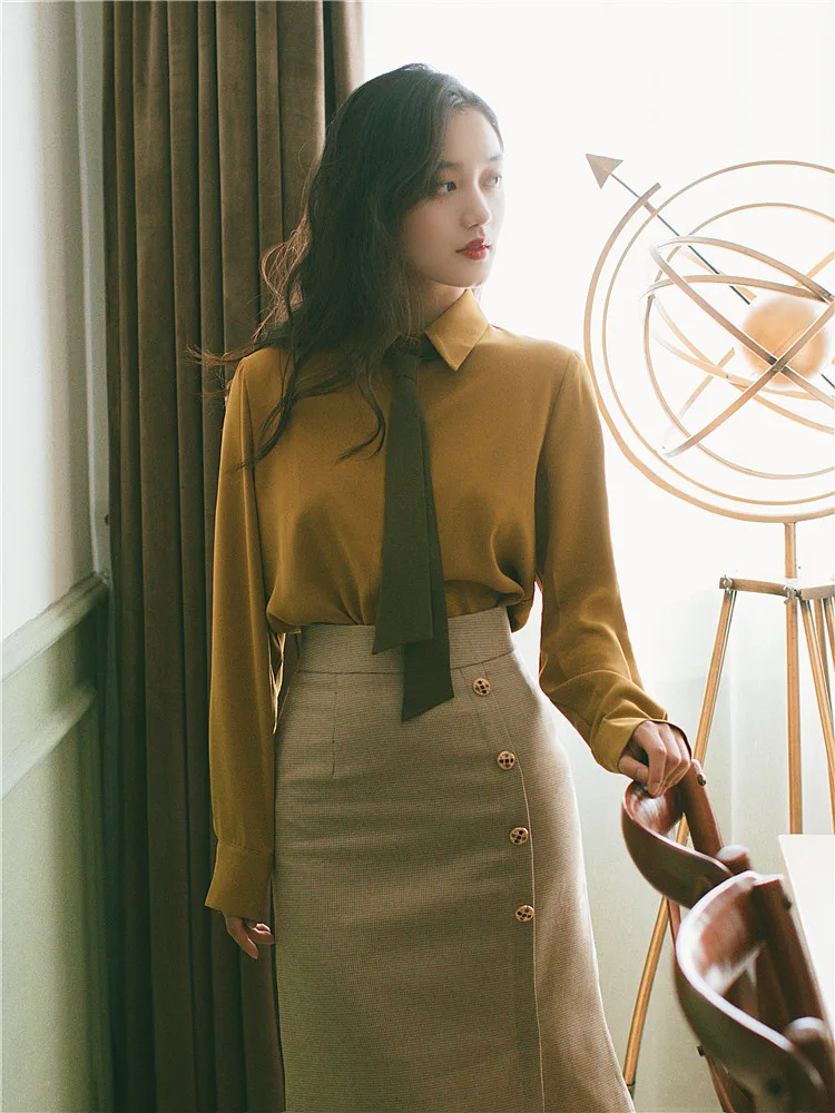 

2020 New Smart Retro Autumn Bow Tie Shirt + Bag Hip Skirt Suit All-match Bottom Skirt Slim