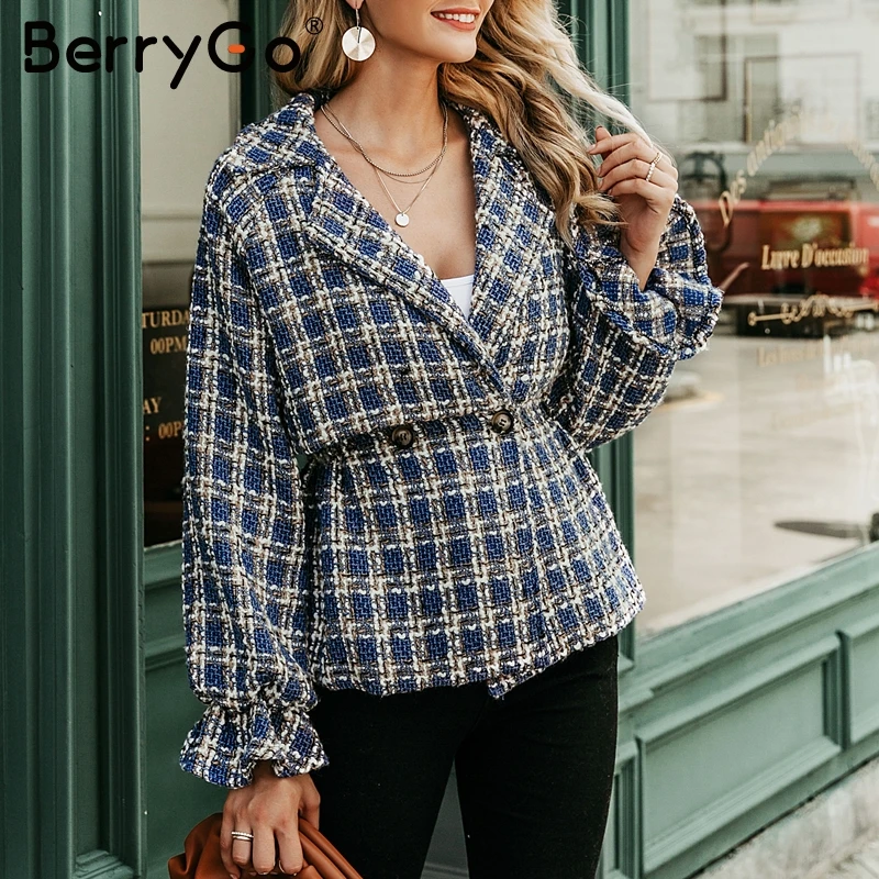 discounted  BerryGo Fashion plaid tweed jacket women coat Loose lantern sleeve streetwear coats Elastic high wa
