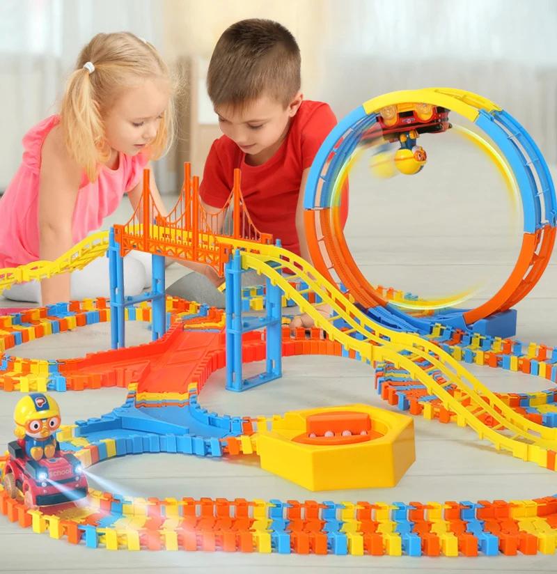 PORORO, 7,5 см, сборный, сделай сам, железная дорога, гибкий трек, железная дорога, набор гоночных дорожек, 120 шт., железные автомобили, игрушки, подарок для детей