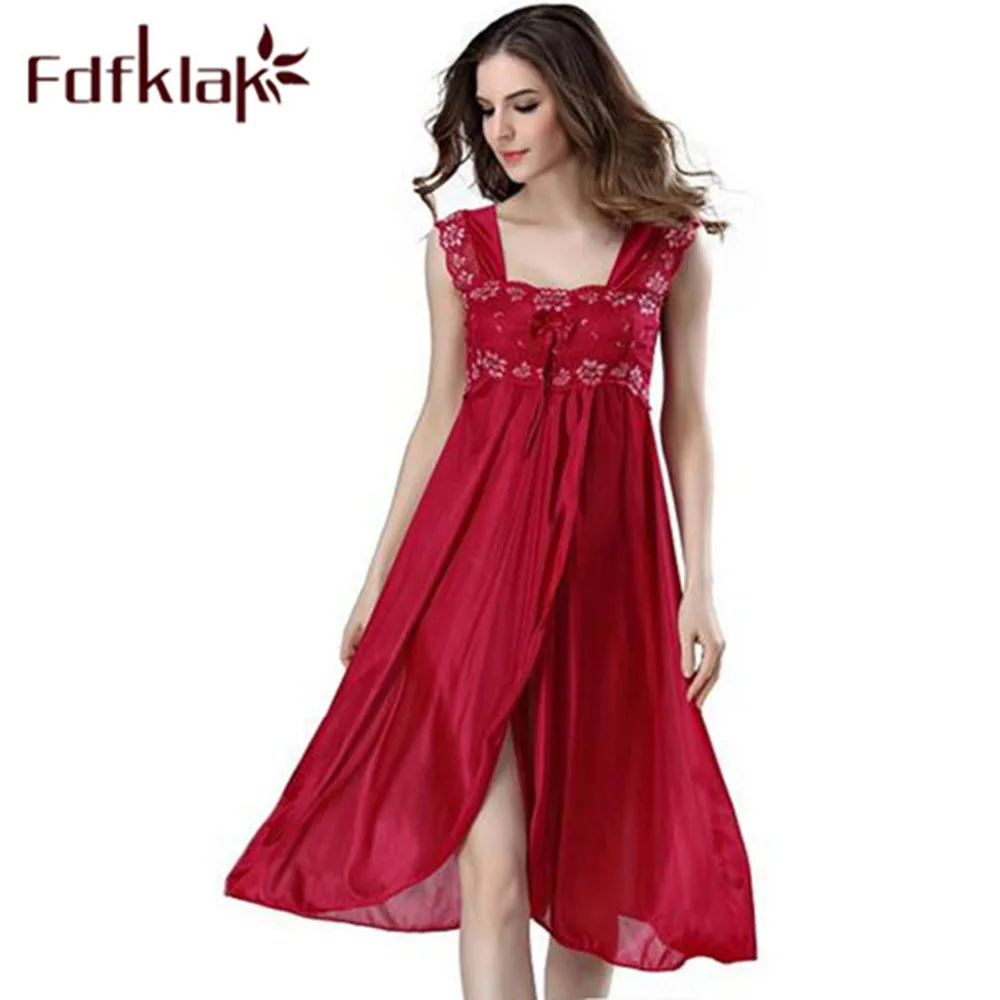 Summer Dress Lace Sleeveless Lingerie Sexy Women Nightwear Silk Night Gowns Satin Nightgown Sleepwear Red/Black Pink Q134