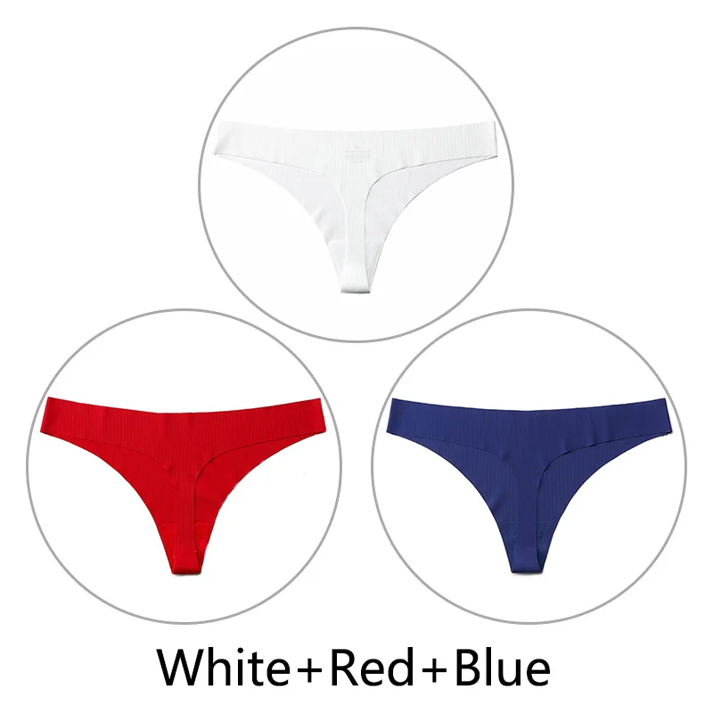 White Red Blue 3 шт./партия, стринги в полоску и стринги, сексуальные бесшовные трусики, нижнее белье, цельное нижнее белье с низкой посадкой, однотонные XS-L, большие размеры США - Цвет: White Red Blue