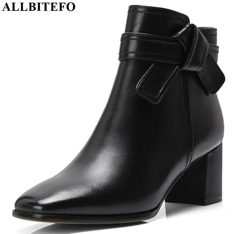 

ALLBITEFO real genuine leather women boots Pure color Autumn Winter ankle boots Bowknot decoration fashion boots comfortable