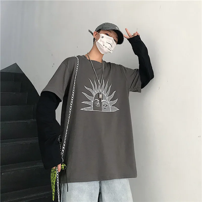 Lychee Harajuku Лоскутная Женская футболка с принтом солнцезащитных глаз, топы, футболки, поддельные 2 штуки, женские футболки с длинным рукавом, свободные женские футболки