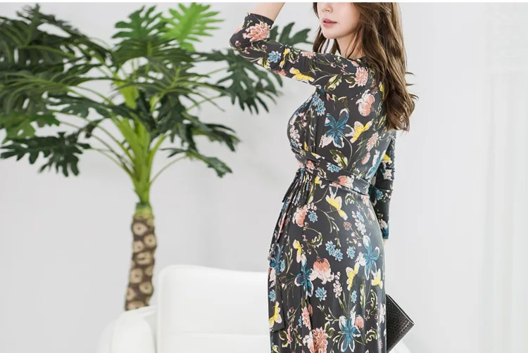 Женское платье с цветочным принтом размера плюс, винтажное черное осенне-зимнее платье, женское корейское длинное платье с рукавом три четверти