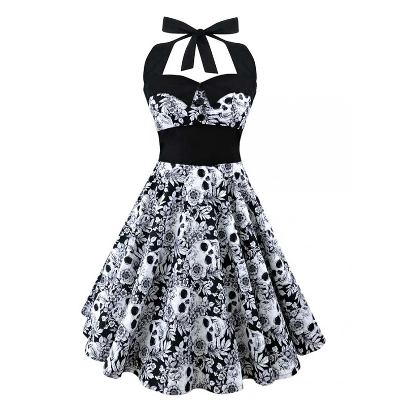 

5XL Large size skull printed dress Women punk strapless halter party dresses Bowknot self gothic dress clothing Swing 1950s 60s