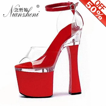 

18cm Womens Platform Clear Sandals Wedding Party Model Female Pole Dance Shoes 8 Inch Sexy Star Evening Red Coarse High Heels