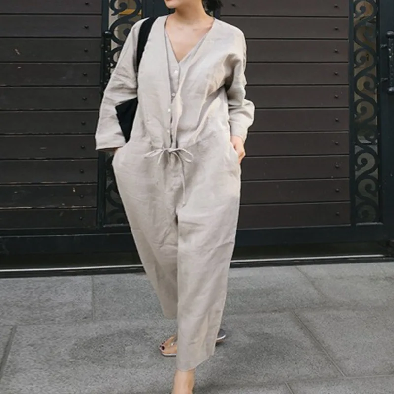 

LANMREM Solid Color Double V-neck Drawstring Waist Cotton Linen Plus Woman Jumpsuit Personality Fashion 2019 Autumn New TV153