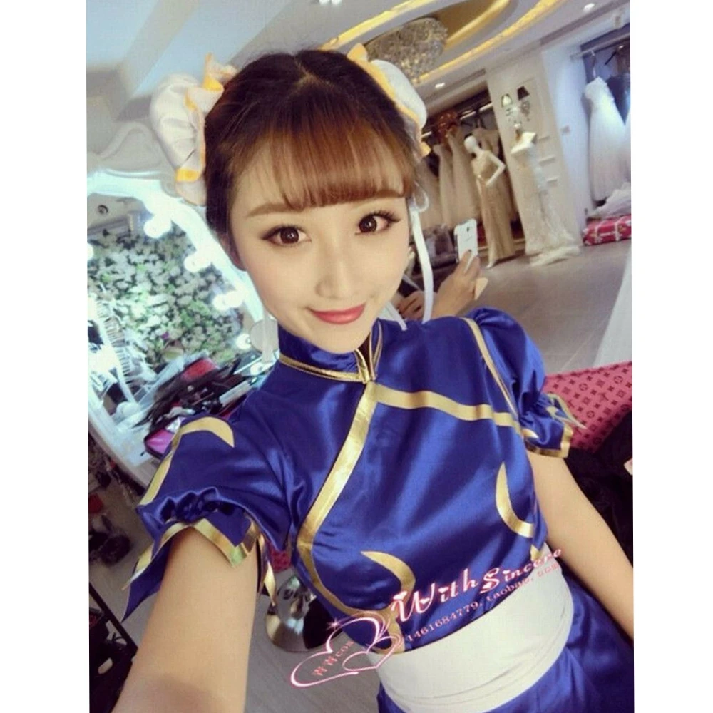 Игры Chun Li костюмы для косплея синее платье Чонсам пояс головные уборы для женщин девочек праздничная одежда