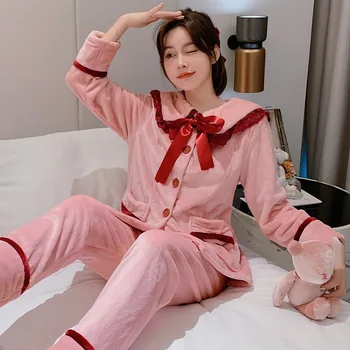 

Autumn Winter Thicken Warm Pajamas For Women Cardigan Solid Button Bow Pocket Tops Pants Two-piece Loose Casual Home Sleepwear