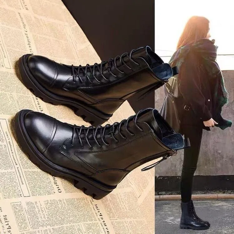 Zapatos militares para mujer, botas de media plataforma con cremallera a media pantorrilla para otoño e invierno, 2021