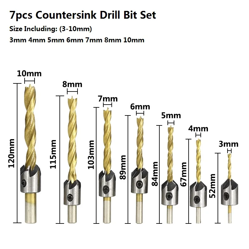 XCAN 3-10 мм титановое покрытие Зенковка сверло набор с шестигранным ключом винтовое отверстие сверло резец HSS Сверло по дереву - Цвет: 7pcs 3-10mm Set