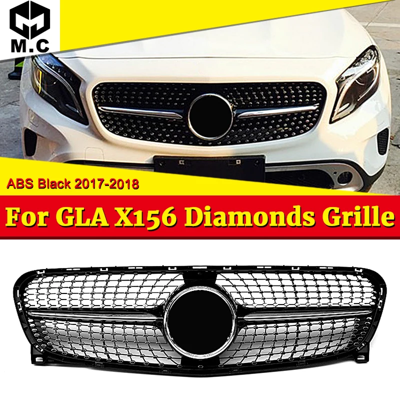 

For MercedesMB GLA-Class X156 Diamonds Grille Grill Grills Sports Bumper GLA45 Style ABS Black Direct 1:1 Replacement 2017-2018