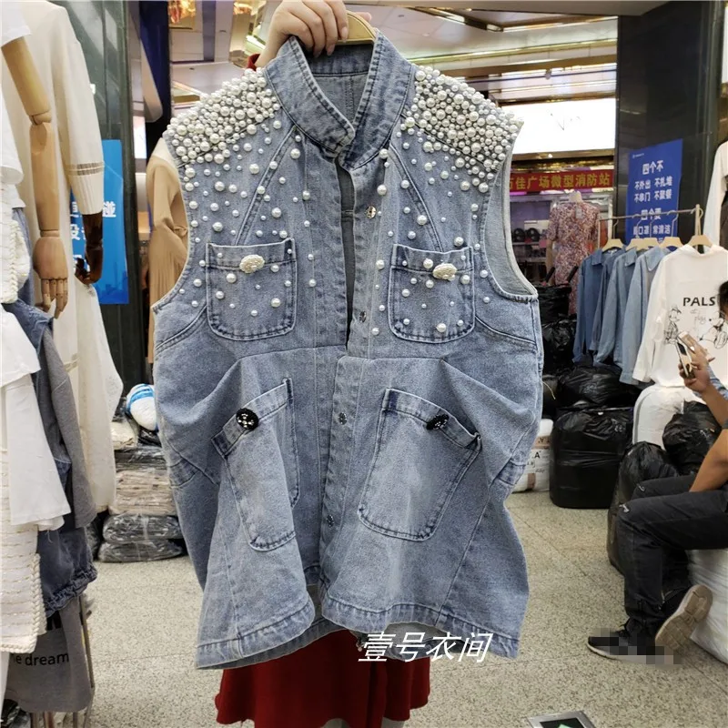 

Denim Vest Women 2020 Spring and Summer New Heavy Industry Shoulder Pearl Beaded Jean Vest Coat Loose BF Vests Top Streetwear