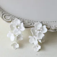 Ins Porcelain Flower Wedding Earrings Bridal Jewelry Gold Silver Color Handmade Women Drop Earring 2