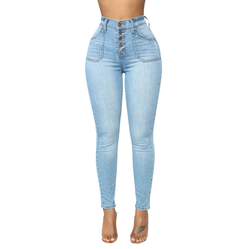 Обтягивающие джинсы женские с высокой талией однотонные длинные брюки с карманами на пуговицах модные повседневные джинсовые брюки джинсы Mujer Cintura Alta OY41 - Цвет: As photo