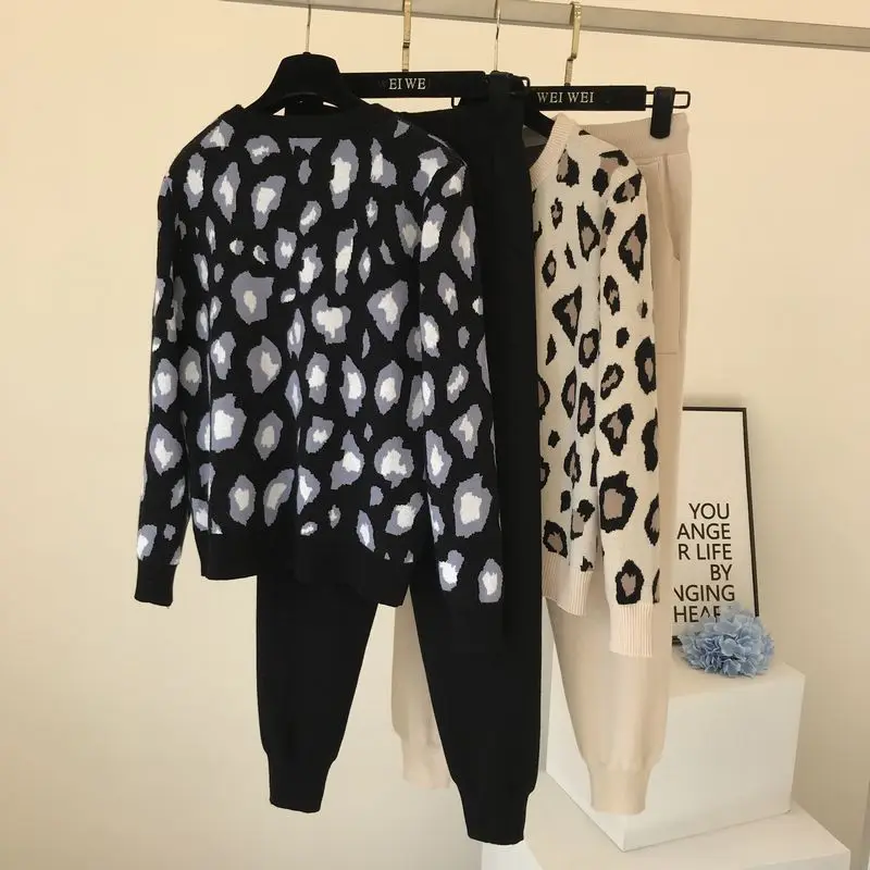 Amolapha Женский вязаный пуловер с леопардовым принтом, свитера+ штаны, комплекты, женские модные Джемперы, брюки, 2 шт., костюмы, наряд