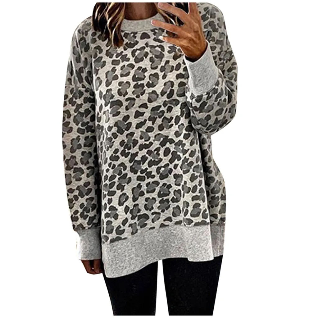 Толстовка для девочек Женская леопардовая с разрезом по подолу осенний топ с вырезом лодочкой свитера пуловер толстовки Sweter damski - Цвет: Серый