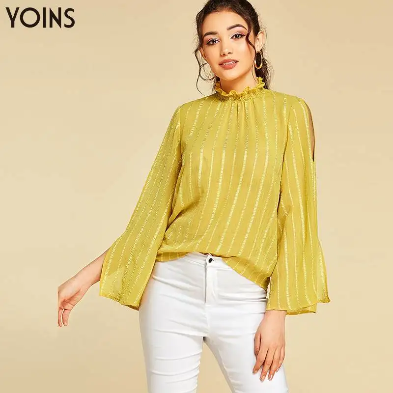 YOINS 2020 стильная блузка в полоску с оборкой и вырезом женская элегантная рубашка