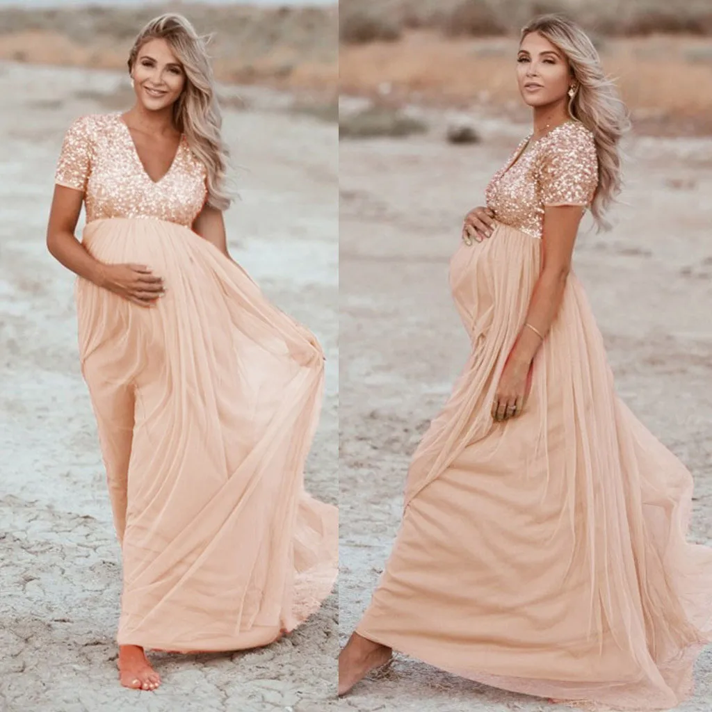 

Women Maternity Dress Sequined Solid Color Dress Short-sleeved Photography Props Long Dresses Summer Dress