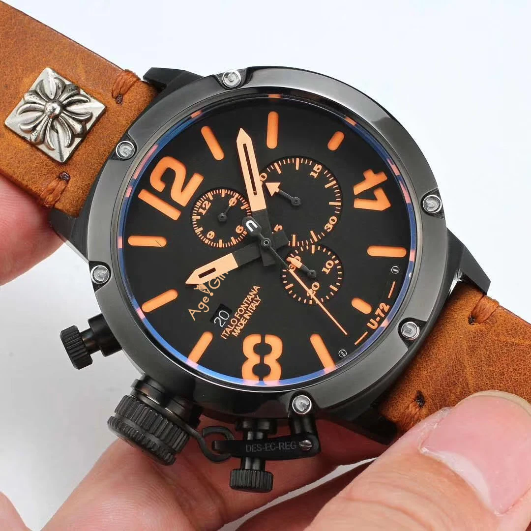 

Brand New Chronograph Stopwatch Men U CHRONOMETER U72 Chimera Aged Brown Cow Black Case Leather Boat Watch Sapphire Orange White