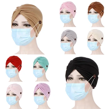 

Women Turban Hats With Button Bandanas Scarf Solid Hair Hats Muslim Caps Twisted Headscarves Head Wrap Elastic India Hat