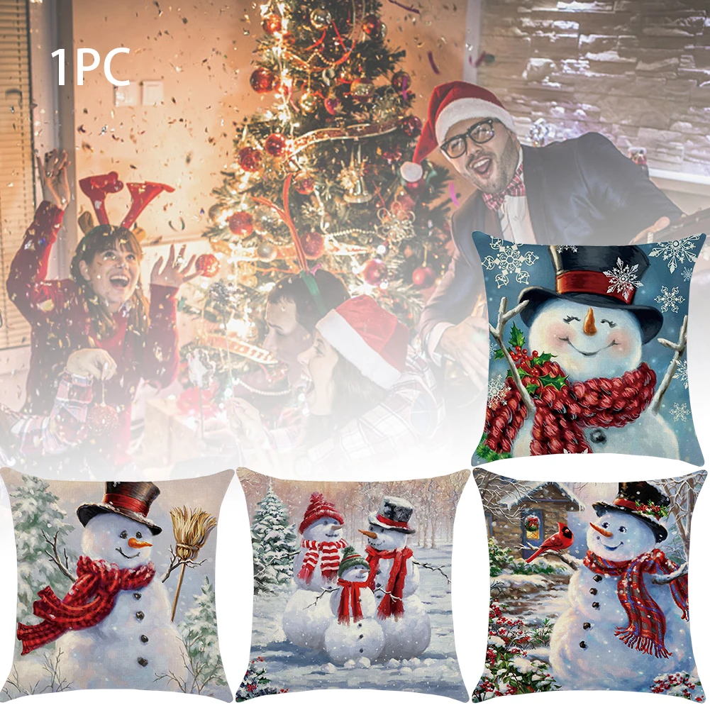 One Sided Pattern Square Snowman Printing Festival With Zipper Gift Car Christmas Pillow Case Sofa Flax Home Decor Cushion Cover