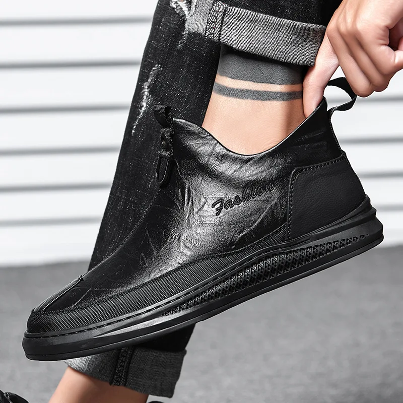 

Autumn And Winter Genuine Leather plus Velvet Short Boots England Chelsea Boots Men's Shoes Mid-top Leather Shoes Martin Boots T