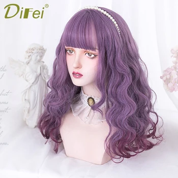 

DIFEI Lolita Long Curly Purple Synthetic Wig for Women Ombre Heat Resistant Bangs Cute Girl Christmas Party Cosplay False Hair